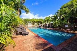 Maison en bois avec jardin tropical et piscine