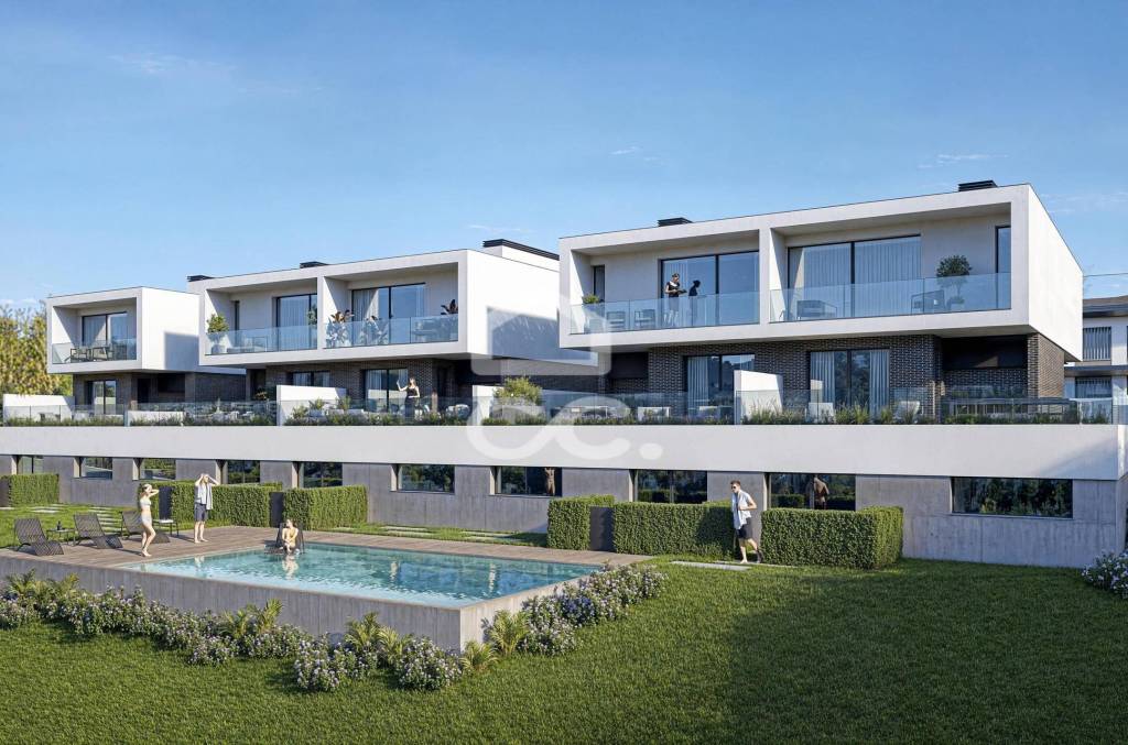 New 4 bedroom villa, with garden and terrace, in a private condominium with swimming pool, next to the Retail Park in Eiras.