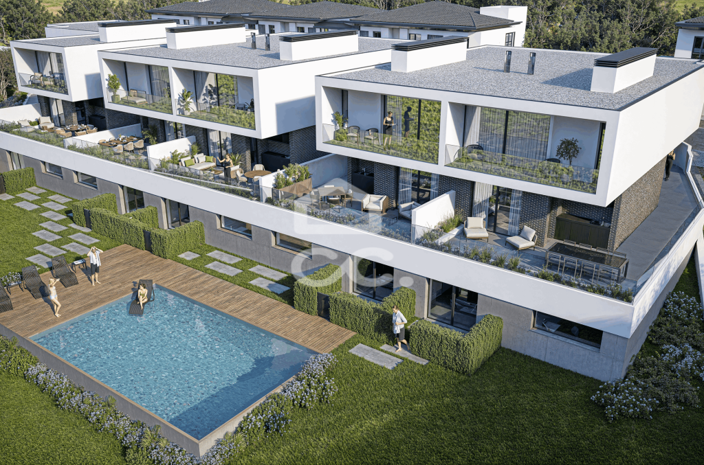 New 4 bedroom villa, with garden and terrace, in a private condominium with swimming pool, next to the Retail Park in Eiras.